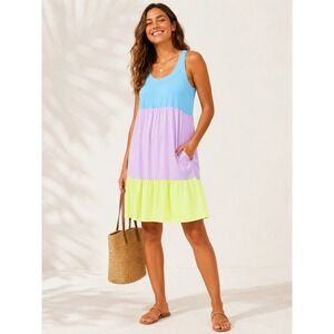 Lug Flare Colorblock Tiered Mini‎ Dress Blue Lavender Lime Pockets Recycled S